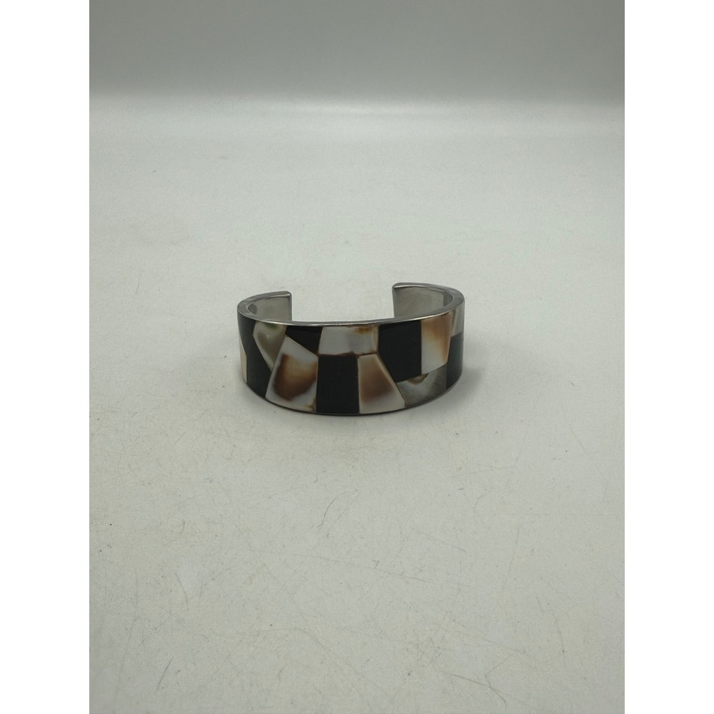 Mosaic Inlay Shell Cuff Bracelet Silver Tone Black White Geometric Geometric